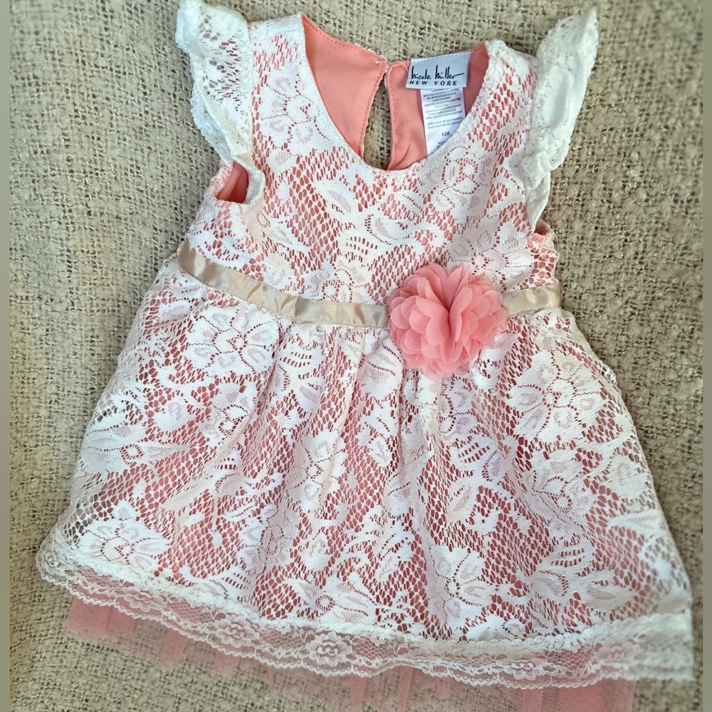Elegant Peach and White Lace Dress with Floral Detail